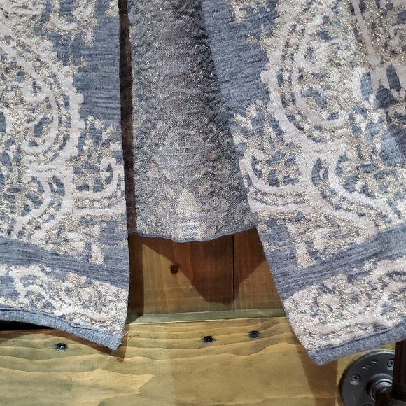 Chico's Gray and Cream Cardigan Sweater with Intricate Gold Shimmer Design - Picture 4 of 7